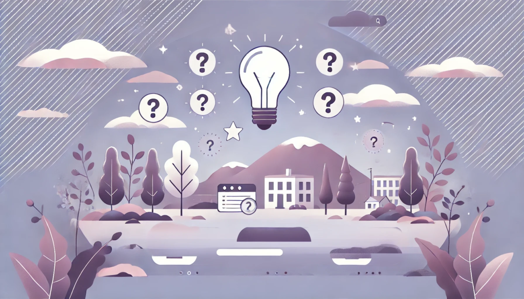 A clean, modern, cartoon-style landscape illustration in soft purple tones that matches a professional social media website aesthetic. The image should visually represent the concept of 'common mistakes to avoid in social media reviews,' with subtle symbols like warning signs, question marks, and a lightbulb indicating learning. No text or words should be present, just visuals that convey the idea of potential pitfalls and learning opportunities in social media interactions.